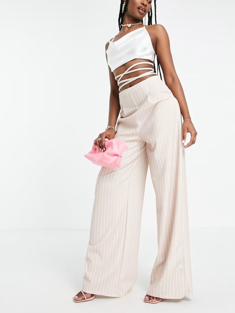 ASOS LUXE Wide Leg Tie Waist Pants Beige Pinstripe New US 6 S